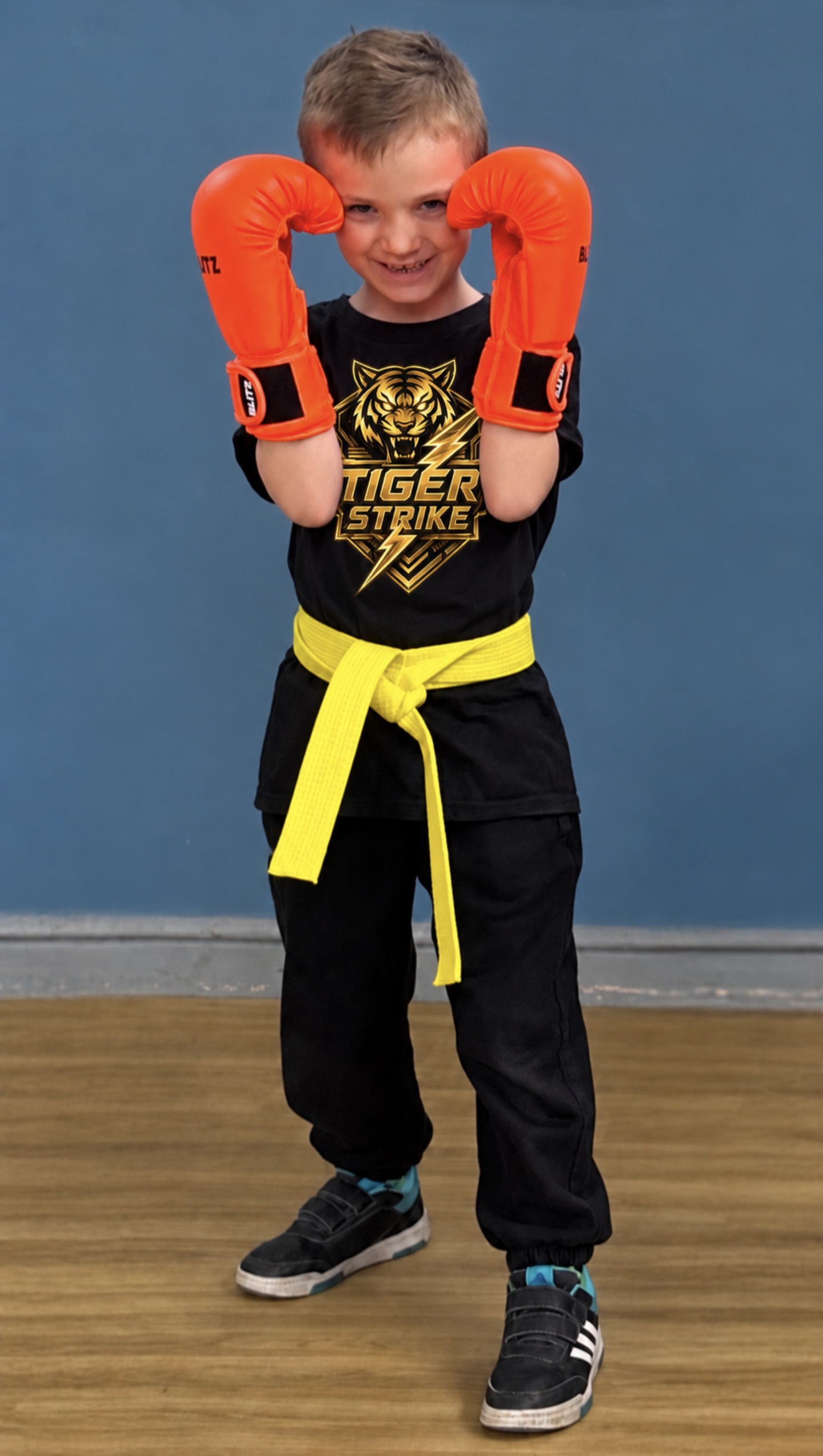 Young Tiger Strike student posing with orange boxing gloves and a yellow belt